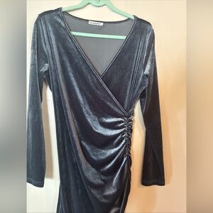 Elegant Charcoal Velvet Long Sleeve Holiday Party Cocktail Wedding Guest Dress